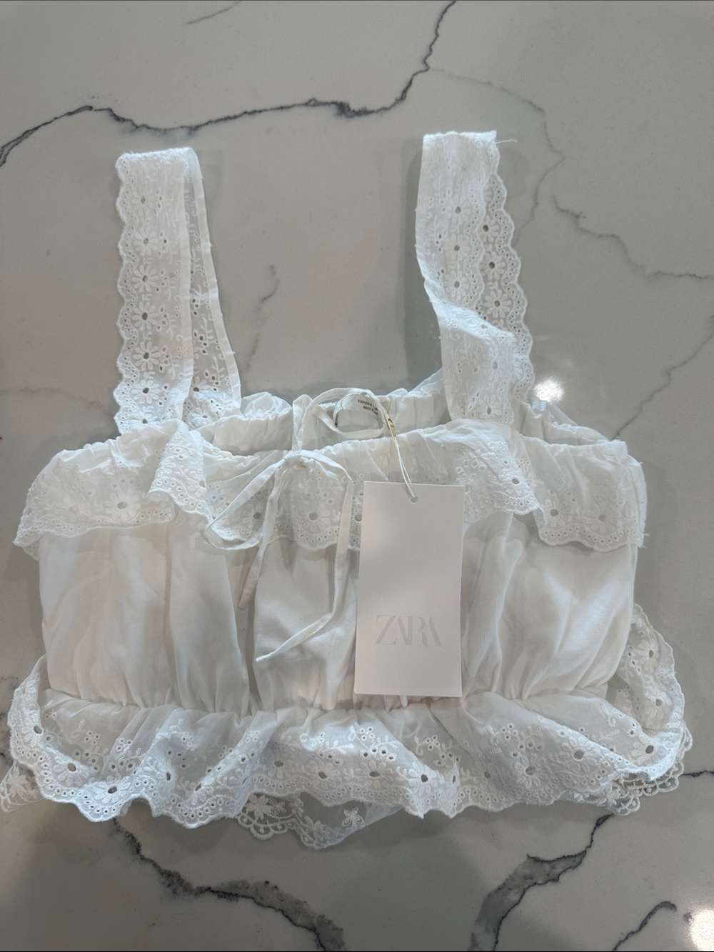Zara Boho Embroided White Lace-Trim Eyelet Crop Top & High-Low Midi Skirt - Picture 4 of 6